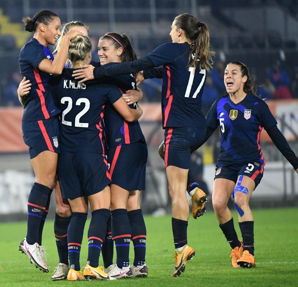 USWNT players celebrate a goal by Kristie Mewis (22) in 
a friendly against The Netherlands on Nov. 27. The U.S. won the game, 2-0.