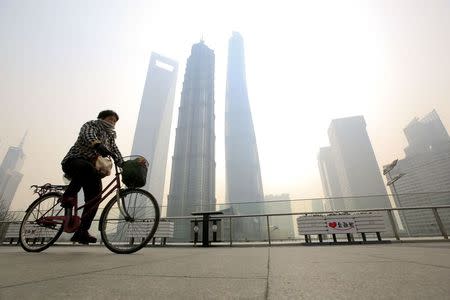 A woman covers her nose and mouth with her scarf amid heavy haze, as she rides a bicycle at the Pudong financial area in Shanghai, February 12, 2015. REUTERS/Aly Song