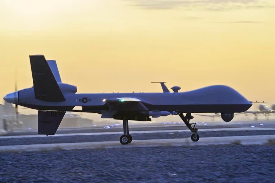 <p>A US MQ-9 Reaper drone taxis at Kandahar Airfield, Afghanistan, in December 2009. </p> (U.S. Air Force photo/Tech. Sgt. Efren Lopez)
