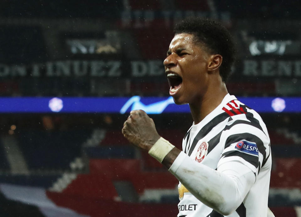 Soccer Football - Champions League - Group H - Paris St Germain v Manchester United - Parc des Princes, Paris, France - October 20, 2020 Manchester United's Marcus Rashford celebrates scoring their second goal REUTERS/Gonzalo Fuentes