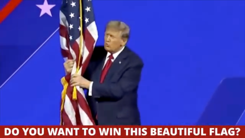 Screenshot of a video ad currently running on Facebook showing Trump groping an American flag and offering campaign contributors the chance to win it.<br> - Screenshot: Facebook Ad Library