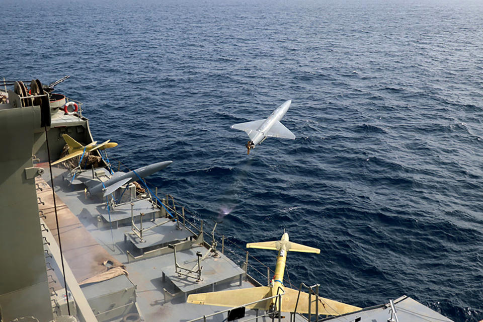 FILE - In this photo released by the Iranian Army on Aug. 25, 2022, a drone is launched from a warship in a military drone drill in Iran. The Iranian-made drones that Russia sent slamming into central Kyiv this week have produced hand-wringing and consternation in Israel, complicating the country’s balancing act between Russia and the West. (Iranian Army via AP)