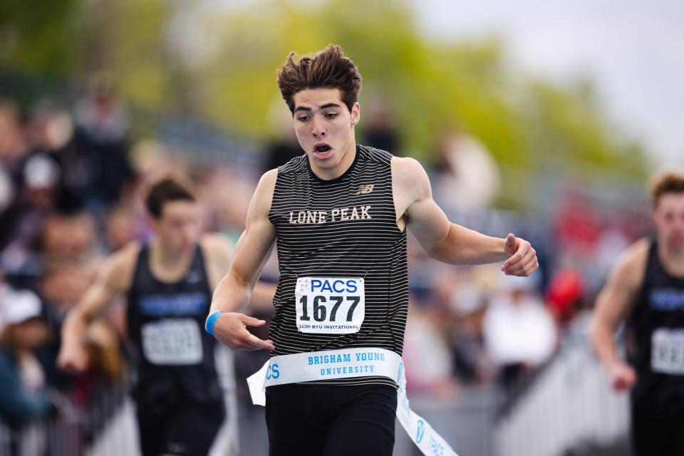 Lone Peak’s Ethan Valleta reacts after finishing the boys 400-meter during the BYU Track Invitational at the Clarence F. Robison Outdoor Track & Field in Provo on May 6, 2023. | Ryan Sun, Deseret News