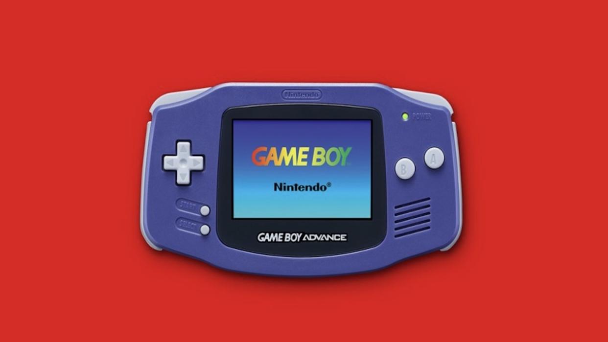  A purple Game Boy Advance against a red background. 