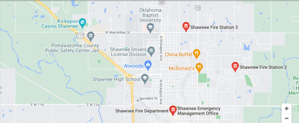 A screenshot of an online map shows each of the fire stations in Shawnee and their surrounding service areas. The Shawnee Fire Department also services nearby communities that lack incorporated status.