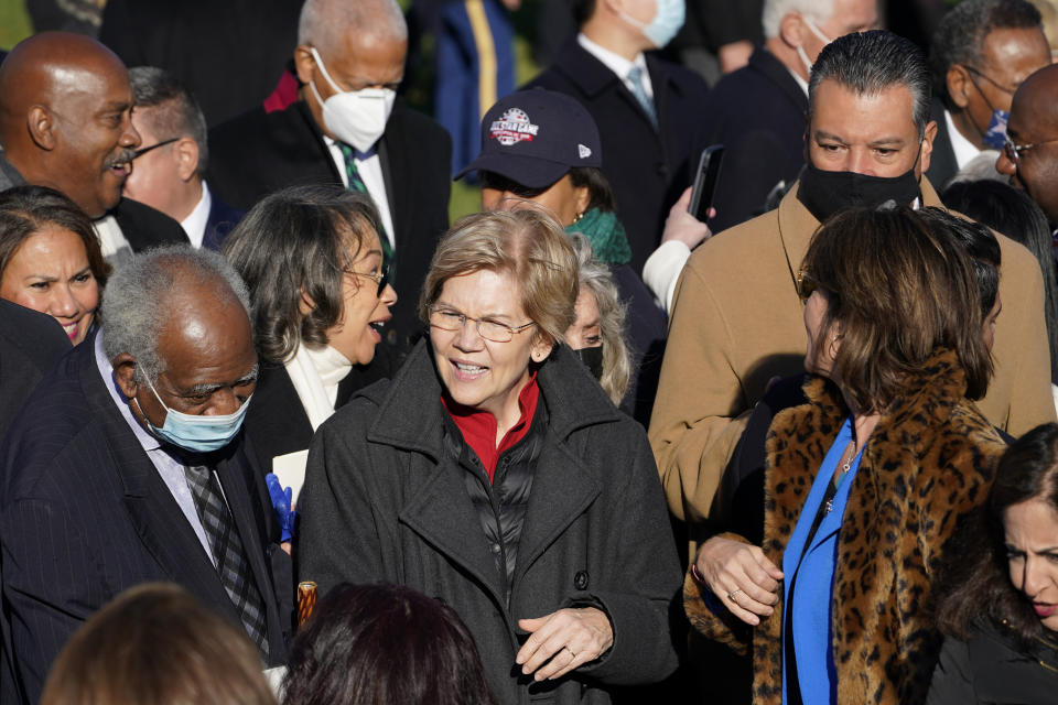 Sen. Elizabeth Warren, D-Mass., arrives before President Joe Biden signs the $1.2 trillion bipartisan infrastructure bill into law during a ceremony on the South Lawn of the White House in Washington, Monday, Nov. 15, 2021. (AP Photo/Susan Walsh)