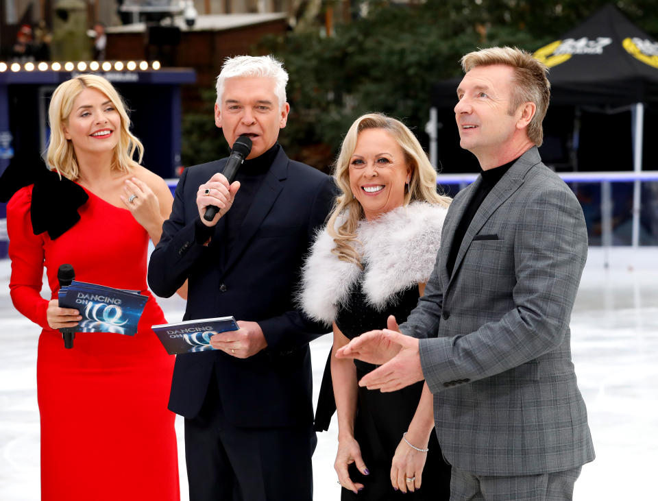 Holly Willoughby (left to right), Phillip Schofield, Jayne Torvill and Christopher Dean (right) during the press launch for the upcoming series of Dancing On Ice at the Natural History Museum Ice Rink in London. Picture date: Tuesday December 18, 2018. Photo credit should read: David Parry/PA Wire