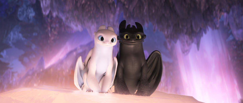 The female Light Fury dragon and Night Fury dragon Toothless in DreamWorks Animation’s How To Train Your Dragon: The Hidden World, directed by Dean DeBlois.