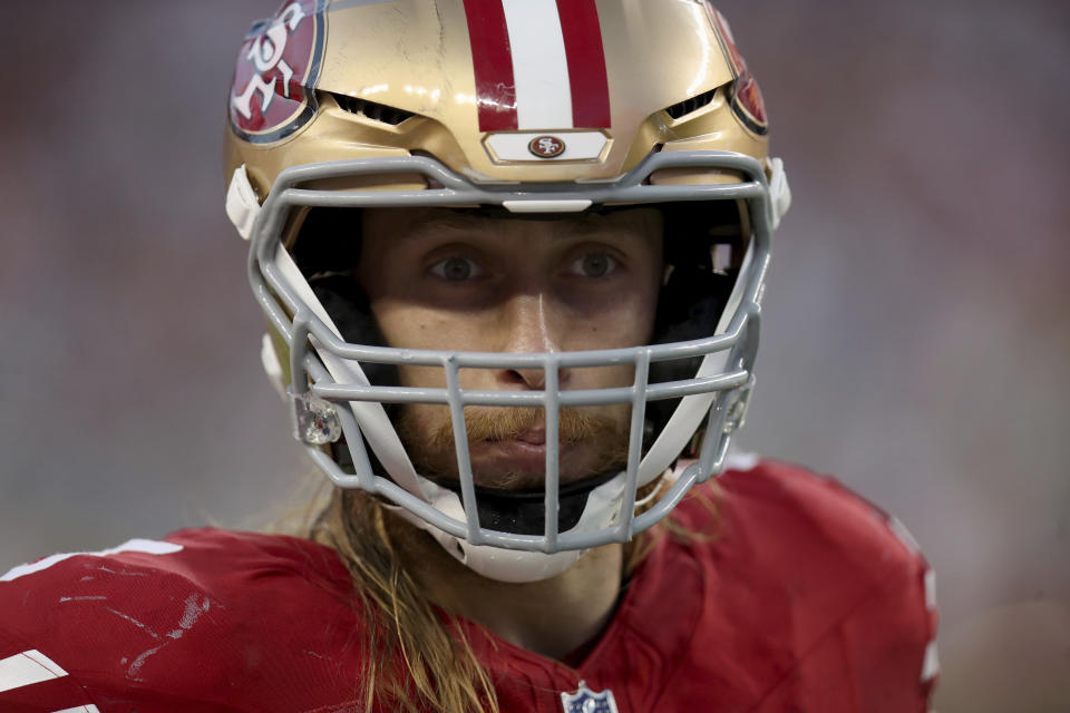 San Francisco 49ers tight end George Kittle (85) reacts on the sideline during an NFL football game against the Dallas Cowboys, Sunday, Oct 8, 2023, in Santa Clara, Calif. (AP Photo/Scot Tucker)