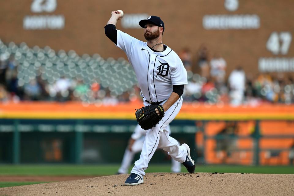 Detroit Tigers starting pitcher Drew Hutchison throws against the San Diego Padres in the first inning of a baseball game, Monday, July 25, 2022, in Detroit.