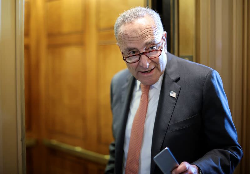 U.S. Senate Majority Leader Chuck Schumer departs the Senate floor at the U.S. Capitol in Washington