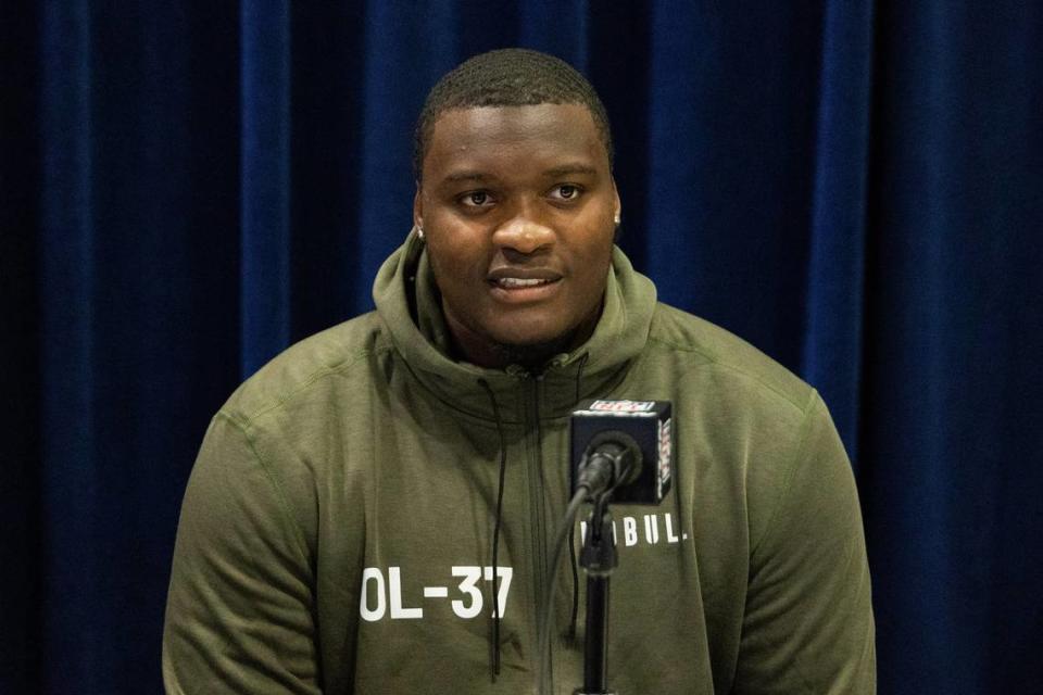 Mar 4, 2023; Indianapolis, IN, USA; North Carolina offensive lineman Asim Richards (OL37) speaks to the press at the NFL Combine at Lucas Oil Stadium.