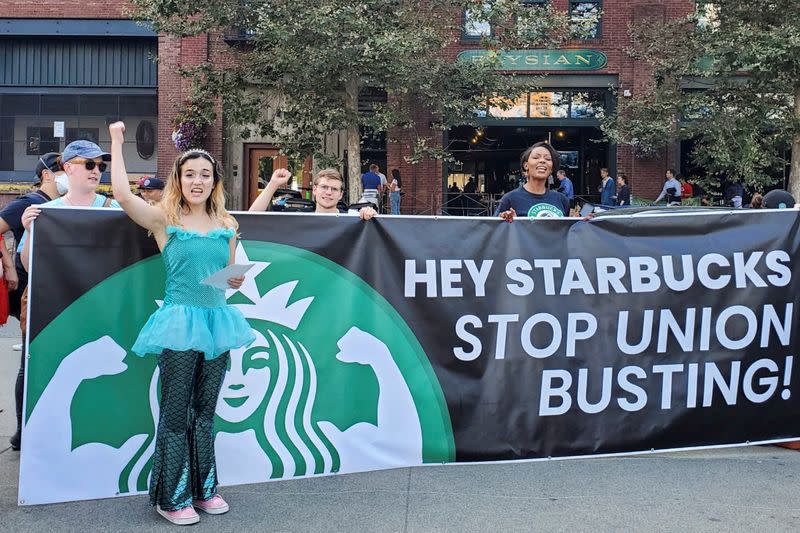 FILE PHOTO: Starbucks employees who support unionization protest ahead of Investor Day, in Seattle