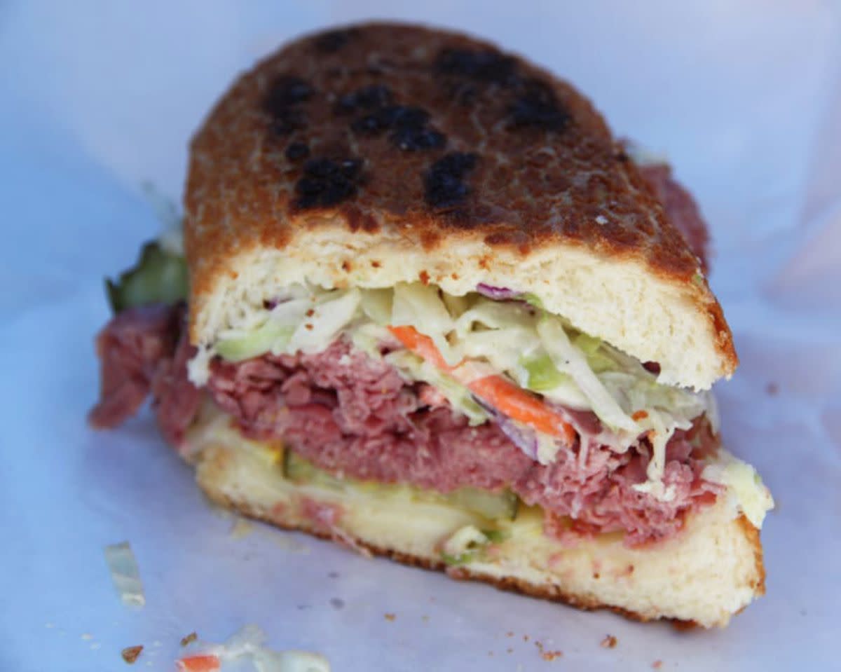 Closeup of Dirka Dirka Sandwich on white serving paper, Full Belly Deli, Reno, Nevada