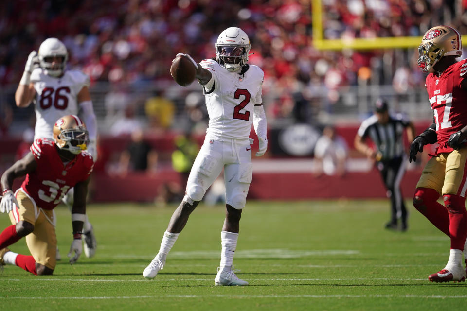 Oct 1, 2023; Santa Clara, California, USA; Arizona Cardinals wide receiver <a class="link " href="https://sports.yahoo.com/nfl/players/31857" data-i13n="sec:content-canvas;subsec:anchor_text;elm:context_link" data-ylk="slk:Marquise Brown;sec:content-canvas;subsec:anchor_text;elm:context_link;itc:0">Marquise Brown</a> (2) reacts after making a catch for a first down against the <a class="link " href="https://sports.yahoo.com/nfl/teams/san-francisco/" data-i13n="sec:content-canvas;subsec:anchor_text;elm:context_link" data-ylk="slk:San Francisco 49ers;sec:content-canvas;subsec:anchor_text;elm:context_link;itc:0">San Francisco 49ers</a> in the fourth quarter at Levi’s Stadium. Mandatory Credit: Cary Edmondson-USA TODAY Sports