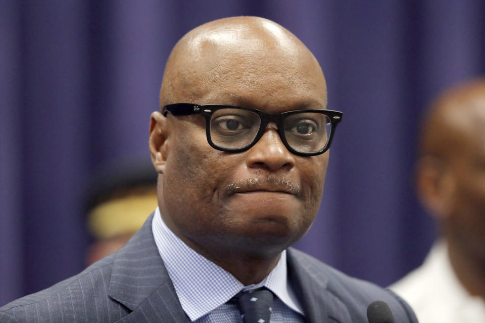 Chicago Police Superintendent David Brown listens to a question about the Memorial Day weekend violence during a news conference Tuesday, May 26, 2020, in Chicago. (Charles Rex Arbogast/AP Photo)