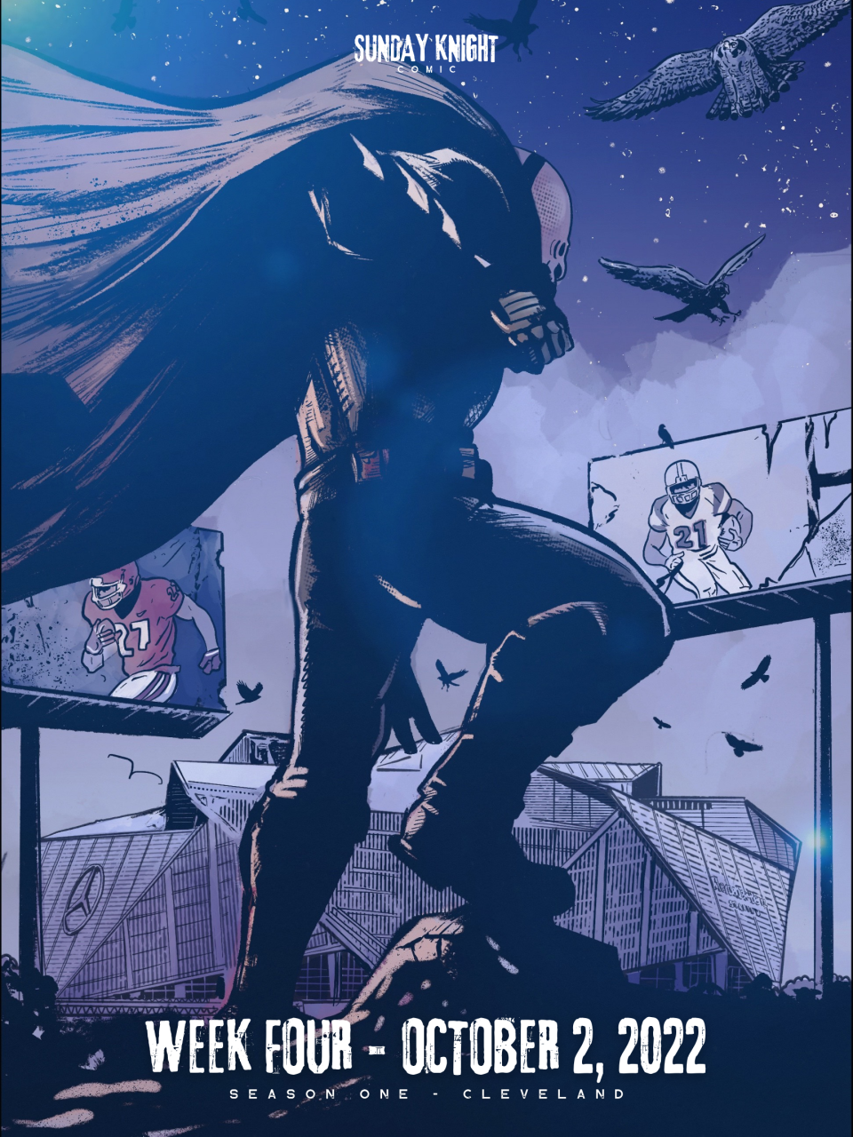 Nick Chubb's Batman character in Sunday Knight Comic before the Cleveland Browns played the Atlanta Falcons in Week 4 of the 2022 NFL season. Chubb is a native of Georgia. On the billboards in the background of the poster, Chubb is illustrated on the left as a University of Georgia player and on the right as a Cedartown High School player.