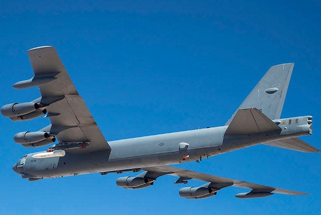 An Air Force photo from 2019 shows an Air-Launched Rapid Response Weapon (ARRW) mounted on the wing of a B-52H Stratofortress. The Air Force has announced a successful test of the hypersonic weapon, part of the U.S. effort to field a missile capable of traveling at multiple times the speed of sound.