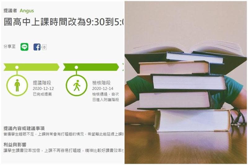 公共政策網路參與平臺上「國高中上課時間改為9:30到5:00」提案，引起關注。（翻攝公共政策網路參與平臺/Pixabay）