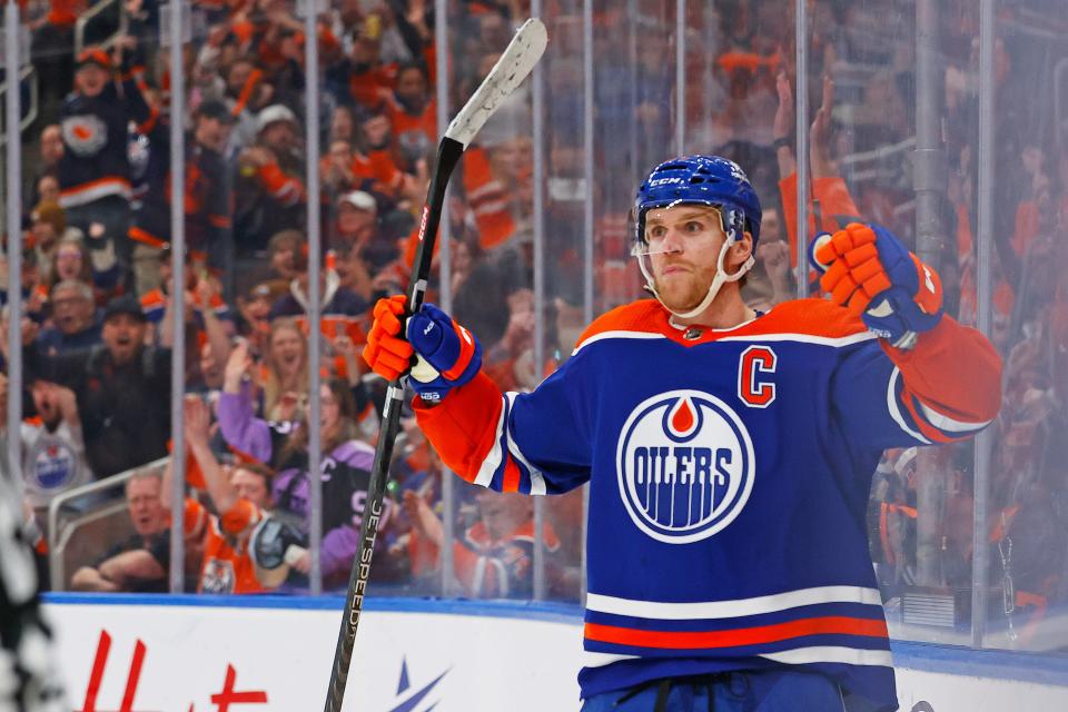 Edmonton Oilers forward Connor McDavid celebrates after scoring a goal during the third period against the Nashville Predators at Rogers Place.
