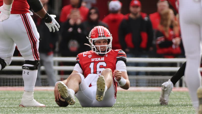 Utah Utes quarterback Bryson Barnes is sacked by Oregon in Salt Lake City on Saturday, Oct. 28, 2023. Oregon won 35-6.