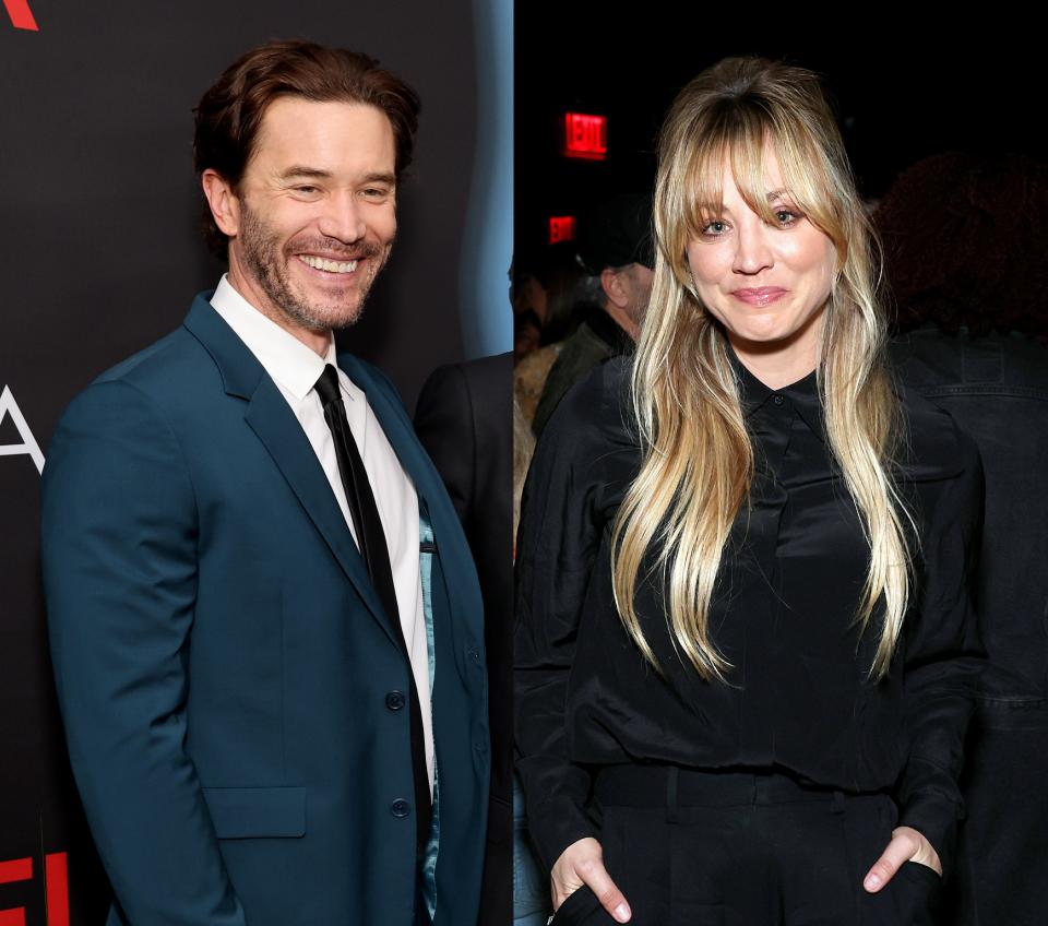 Kaley Cuoco says it was love at first sight when she met her new beau Tom Pelphrey at the premiere for the final season of Netflix's "Ozark" on April 21 in New York.