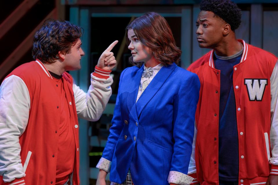 Kurt Kelly (Blake Stallings) and Ram Sweeney (Joshua Lyons) are seniors on the Westerberg Rottweilers football team - and all that big jock energy puts Veronica Sawyer (Makaira Fisk) in a dangerous encounter at Lehmann's Farm in the New Stage Theatreworks production of "Heathers."