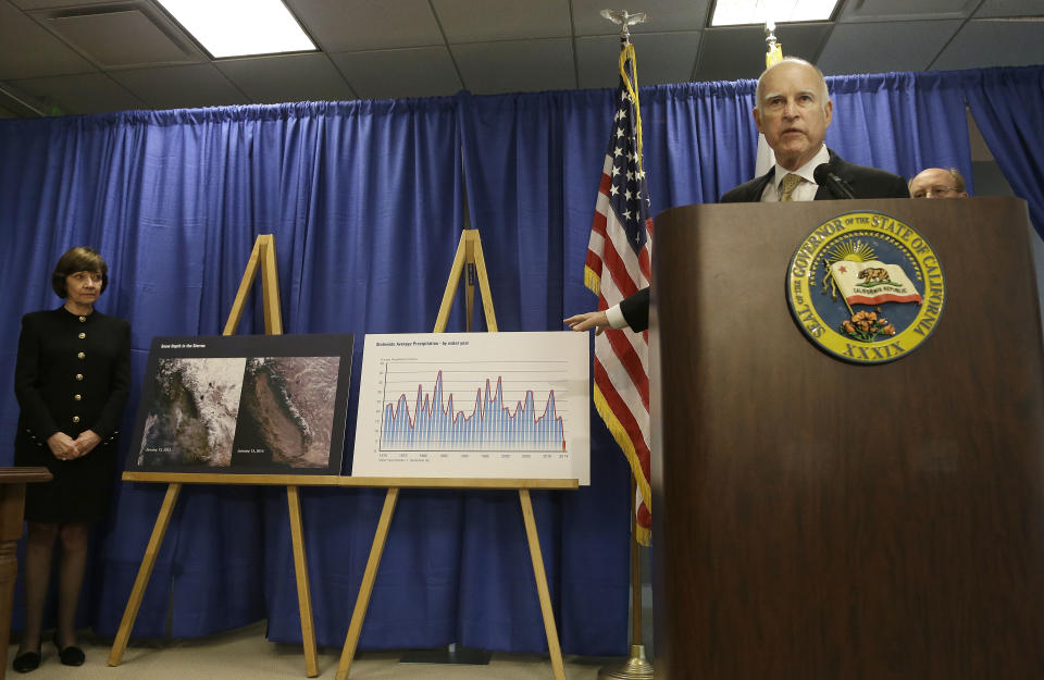 Gov. Jerry Brown, right, gestures as he declares a drought state of emergency while speaking in San Francisco, Friday, Jan. 17, 2014. With a record-dry year, reservoir levels under strain and no rain in the forecast, California Gov. Jerry Brown formally proclaimed the state in a drought emergency Friday, confirming what many already knew. Brown made the announcement in San Francisco amid increasing pressure in recent weeks from the state's lawmakers, including Democratic Sen. Dianne Feinstein. (AP Photo/Jeff Chiu)