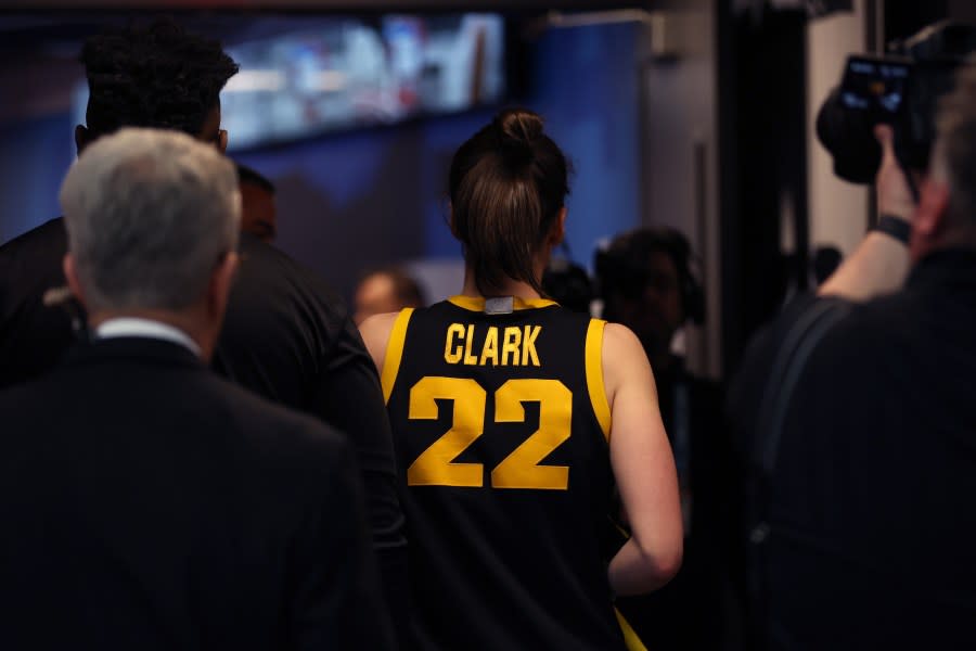 CLEVELAND, OHIO – APRIL 07: Caitlin Clark #22 of the Iowa Hawkeyes leaves after speaking to the media after losing to the South Carolina Gamecocks in the 2024 NCAA Women’s Basketball Tournament National Championship at Rocket Mortgage FieldHouse on April 07, 2024 in Cleveland, Ohio. South Carolina beat Iowa 87-75. (Photo by Steph Chambers/Getty Images)