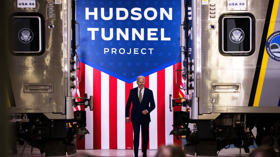 President Joe Biden arrives to give a speech on the Hudson River Tunnel Project at the West Side Yard on January 31, 2023, in New York City. - Michael M. Santiago/Getty Images