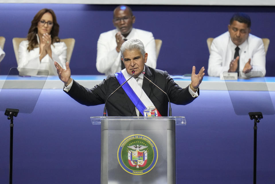 New Panamanian President Jose Raul Mulino gives a speech at his swearing-in ceremony at the Atlapa Convention Centre in Panama City, Monday, July 1, 2024. (AP Photo/Matias Delacroix)