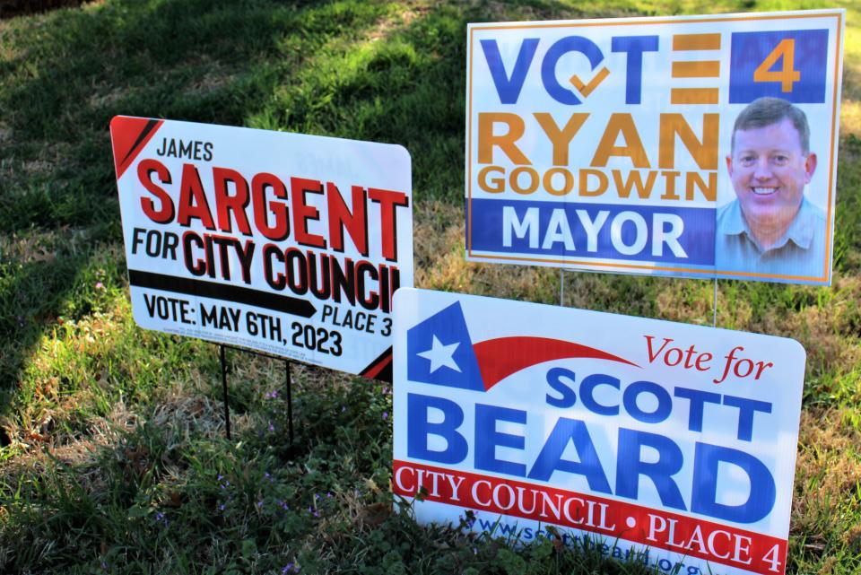 Yard signs for three candidates for the May 6 election in Abilene link Council hopefuls Scott Beard and James Sargent with Ryan Goodwin, seeking to be mayor. All three support passage of the "sanctuary city for the unborn" ordinance last year and have church community ties.