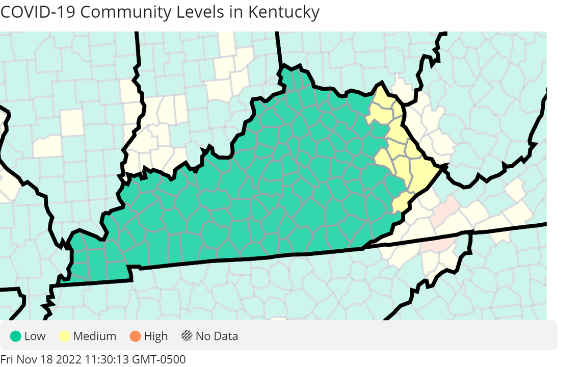 The latest COVID-19 Community Level map from the CDC shows that only 10 Kentucky counties are experiencing medium levels of the disease, and none are at high levels. The rest are seeing low Community Levels, per the CDC. CDC