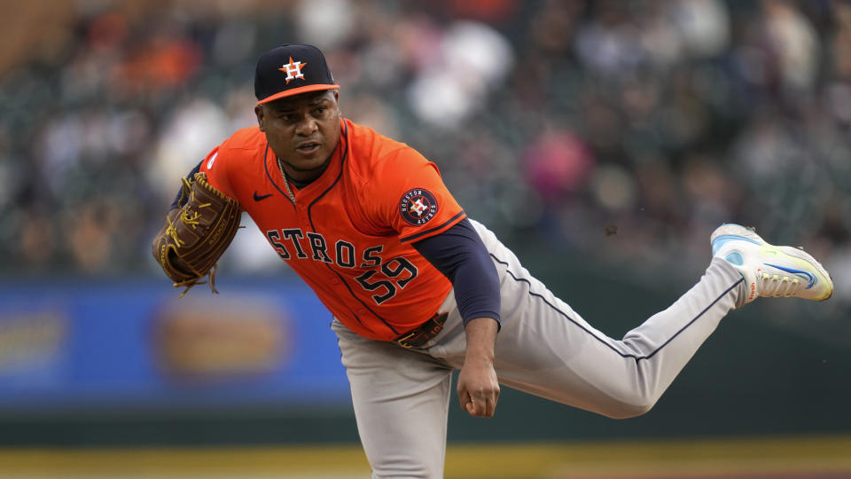 Houston Astros pitcher Framber Valdez throws against the Detroit Tigers in the first inning of a baseball game, Friday, May 10, 2024, in Detroit. (AP Photo/Paul Sancya)