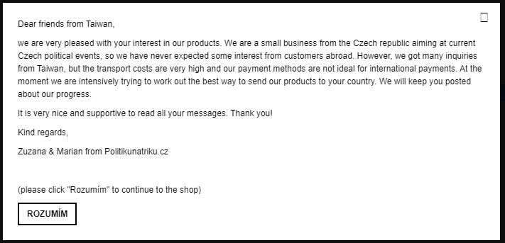 官網、臉書、IG接獲大量台灣民眾詢問，politikunatriku.cz特別以英文寫了一段話送給台灣人。（翻攝自Politikunatriku.cz）