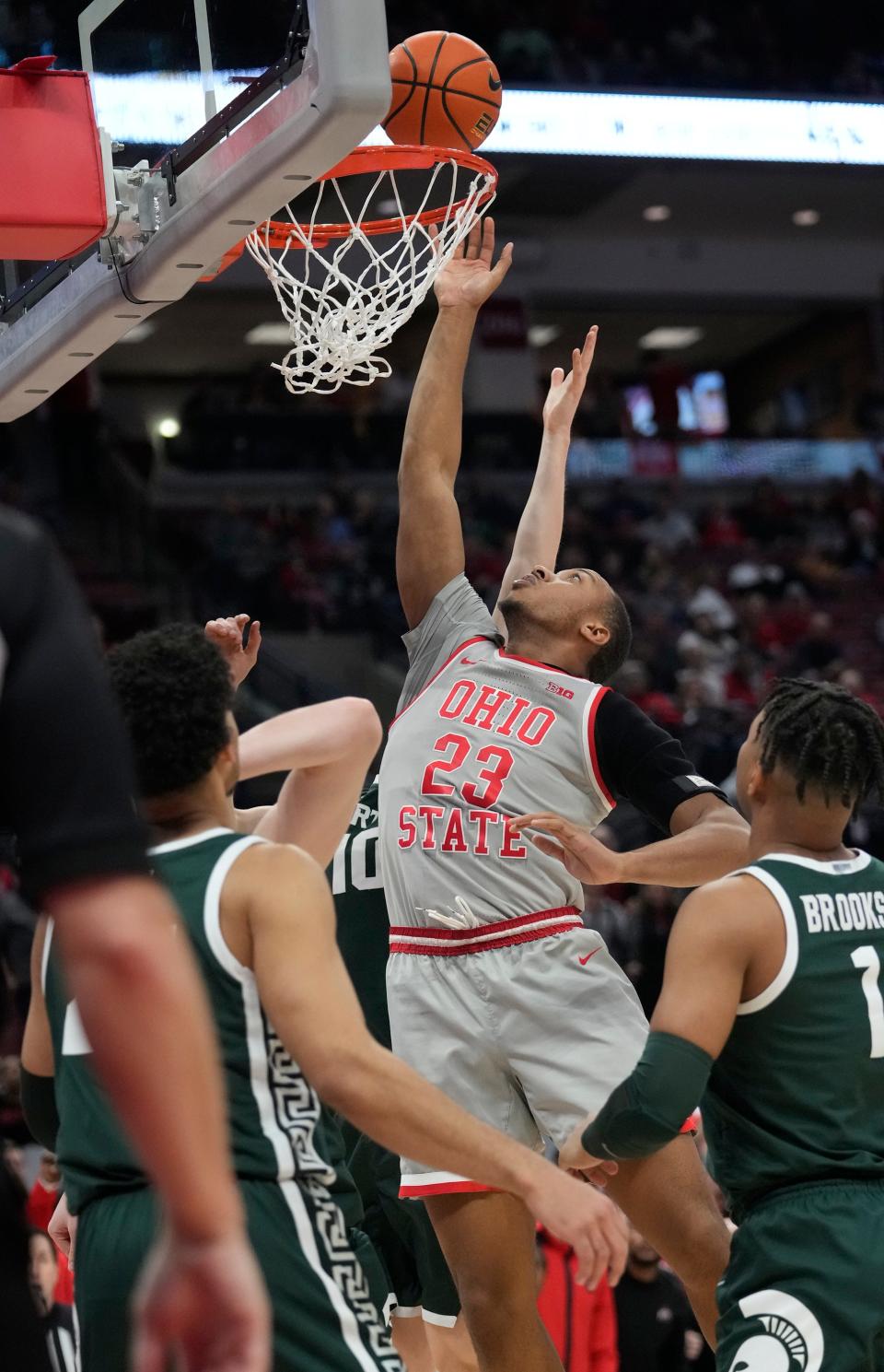 Feb 12, 2023; Columbus, OH, USA; Ohio State Buckeyes forward Zed Key (23) attempts a layup in the second half of their NCAA Mens Division I Basketball Game at Value City Arena. Mandatory Credit: Brooke LaValley/Columbus Dispatch