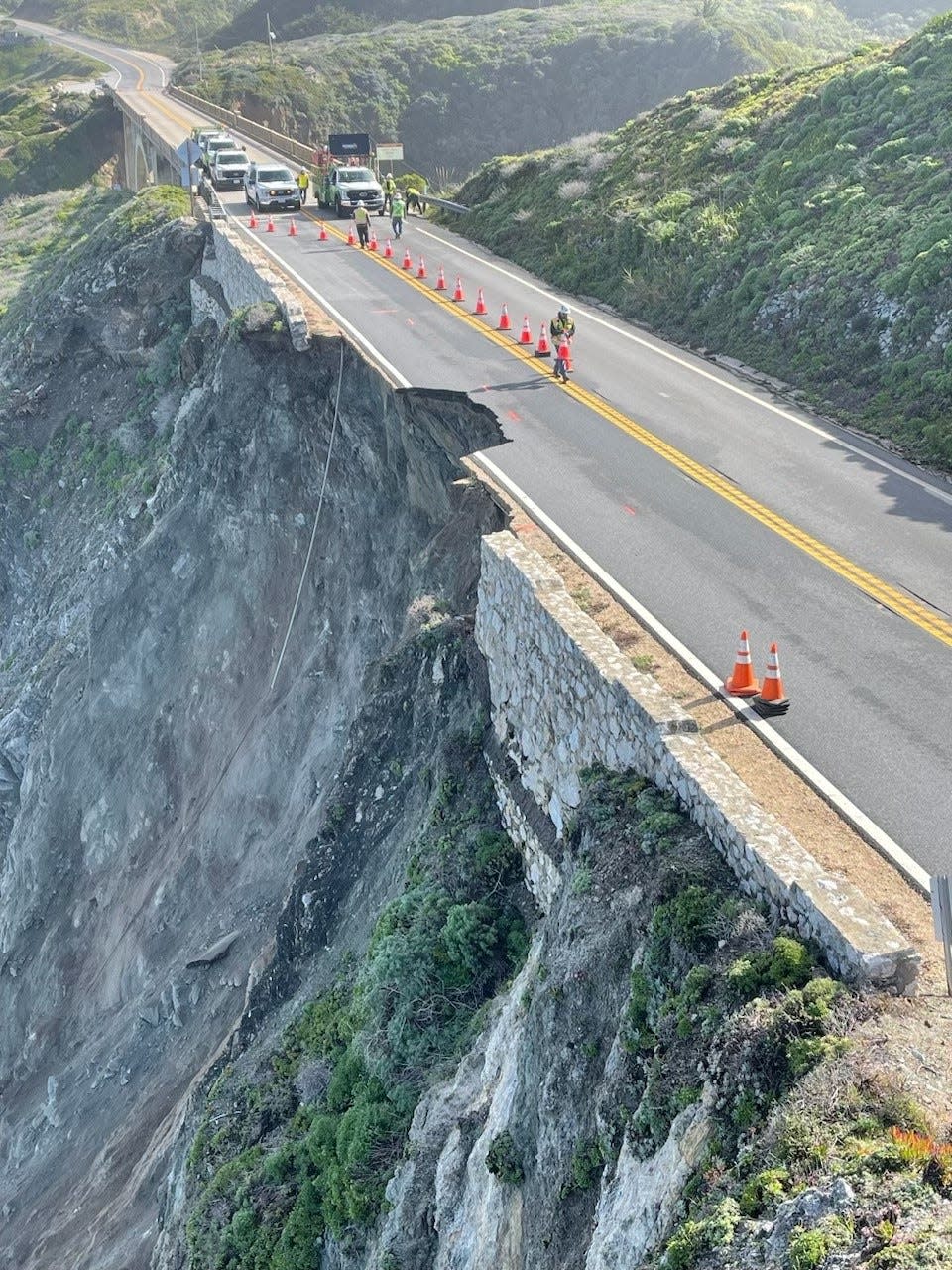 A photo from the California Department of Transportation shows a portion of Highway 1 that collapsed during a storm in March 2024.