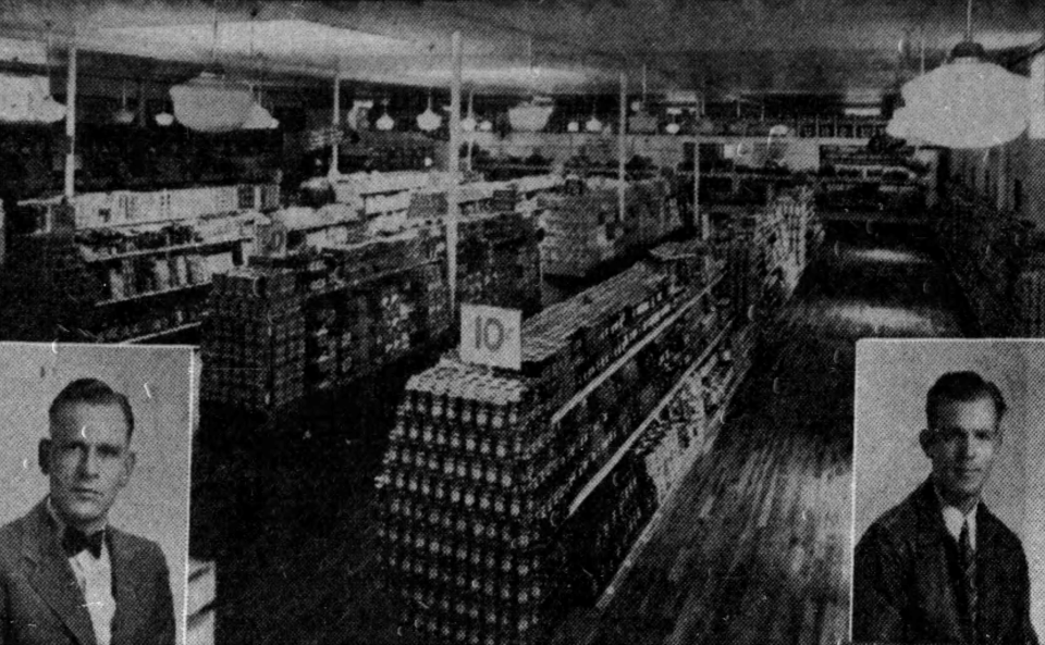 The Red Owl Grocery Store after remodel in 1940 near 6th and Main Street in Sioux Falls. Pictured are store manager Frank Bednarek and Jack Wotrang, meat department manager.