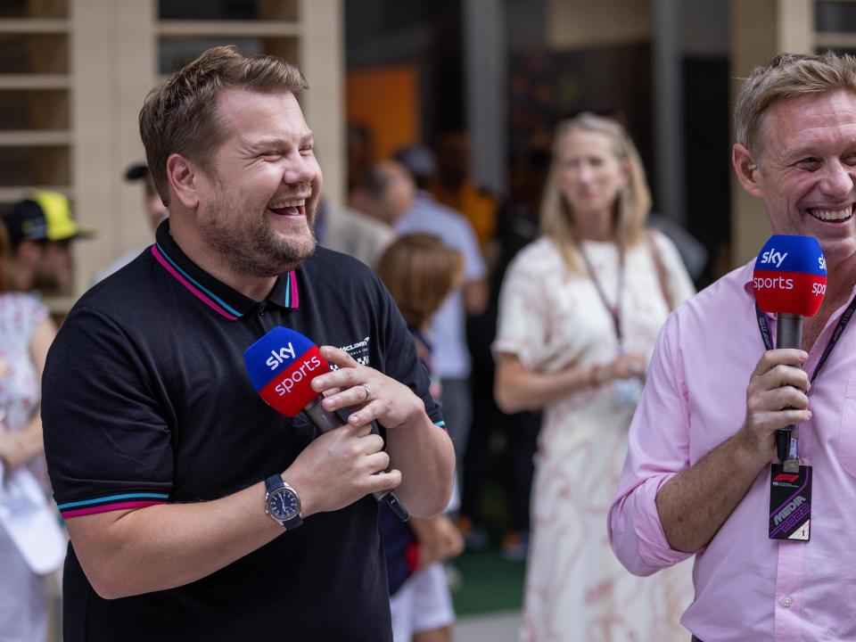 James Corden laughs in an interview during the F1 Crypto.com Miami Grand Prix on May 07, 2022 at Hard Rock Stadium in Miami Gardens, Florida.