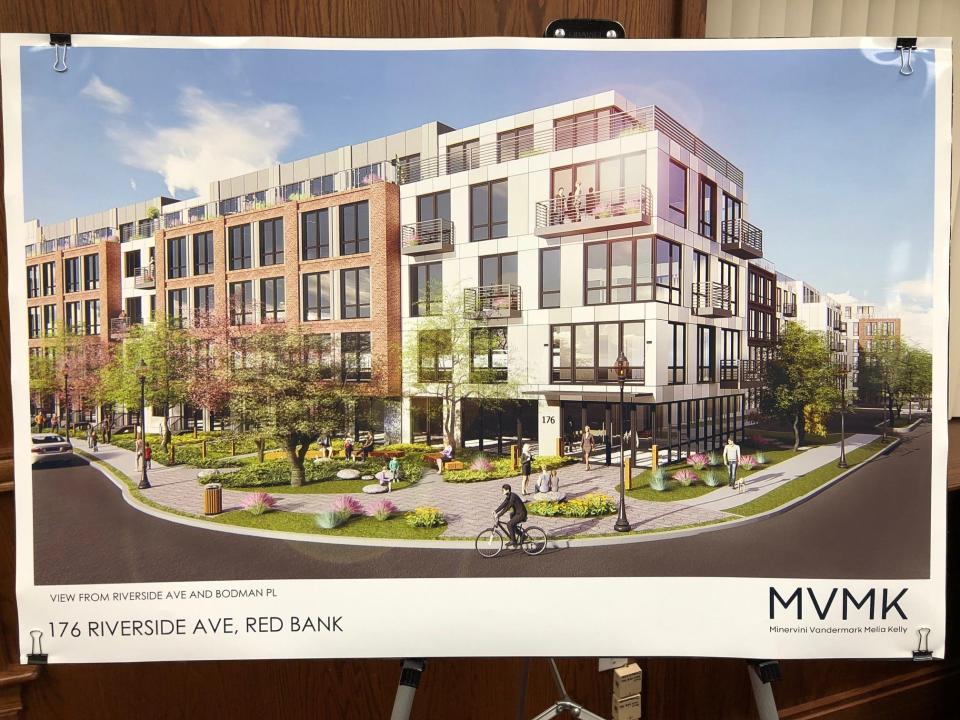 Photo of artist's rendering of 212-unit apartment complex proposed for Bodman Place and Riverside Avenue in downtown Red Bank.