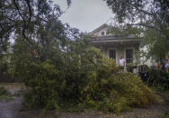 People look at a downed part of a tree after Hurricane Zeta made landfall, Wednesday, Oct. 28, 2020, in New Orleans. (Chris Granger/The Times-Picayune/The New Orleans Advocate via AP)