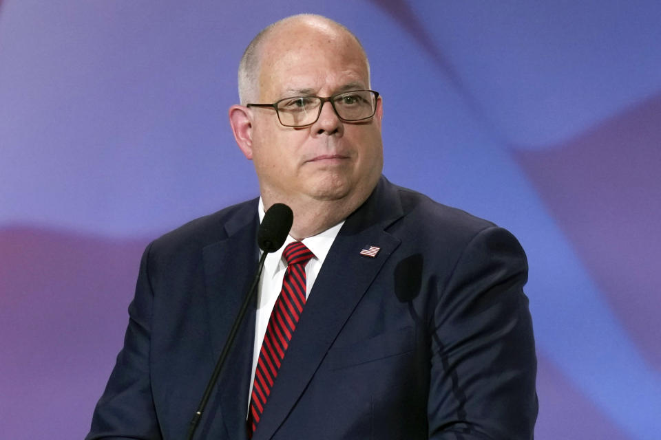 FILE - Maryland Gov. Larry Hogan speaks at an annual leadership meeting of the Republican Jewish Coalition on Nov. 18, 2022, in Las Vegas. Hogan has endorsed Nikki Haley for the GOP nomination, saying on CNN on Sunday, Jan. 14, 2024, that the former South Carolina governor "is the strongest chance for us to put forth our best possible candidate for November." (AP Photo/John Locher, File)