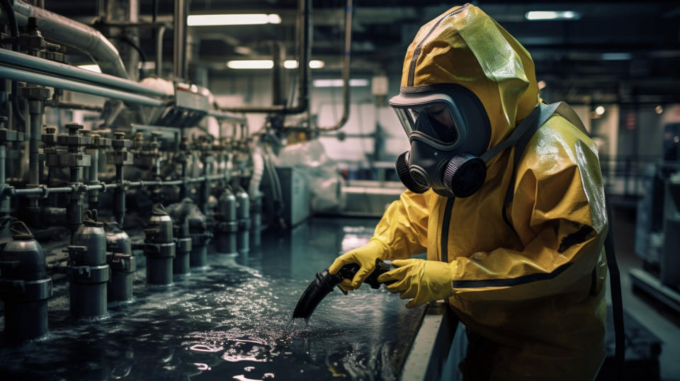 A factory worker in heavy protective clothing, overseeing the production of chlorine.