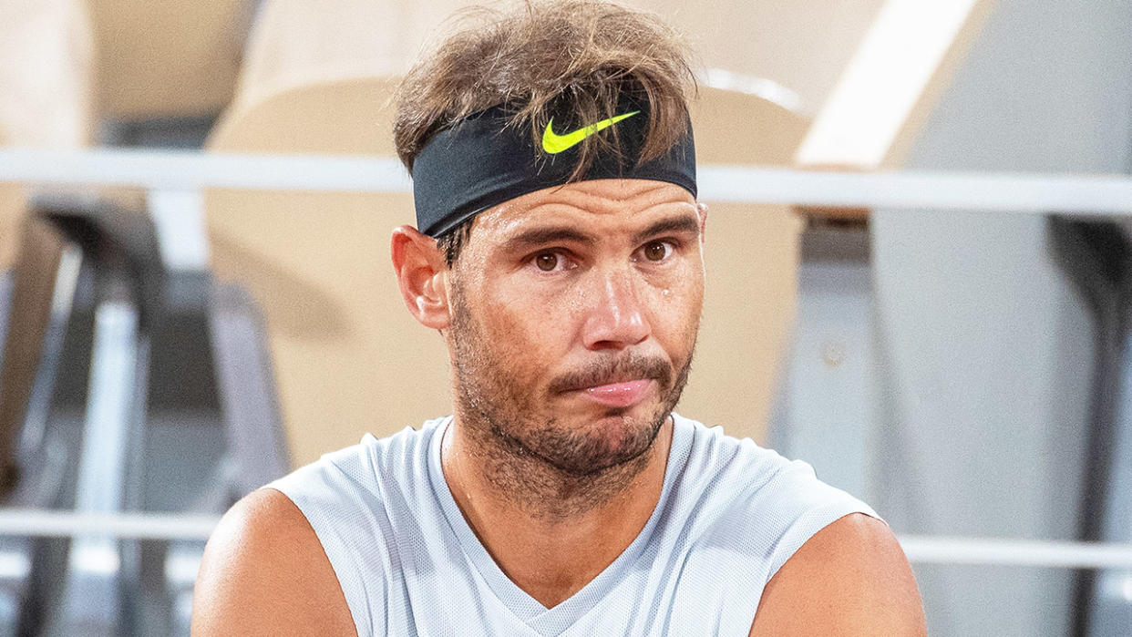 Rafa Nadal (pictured) looking perplexed during practice.