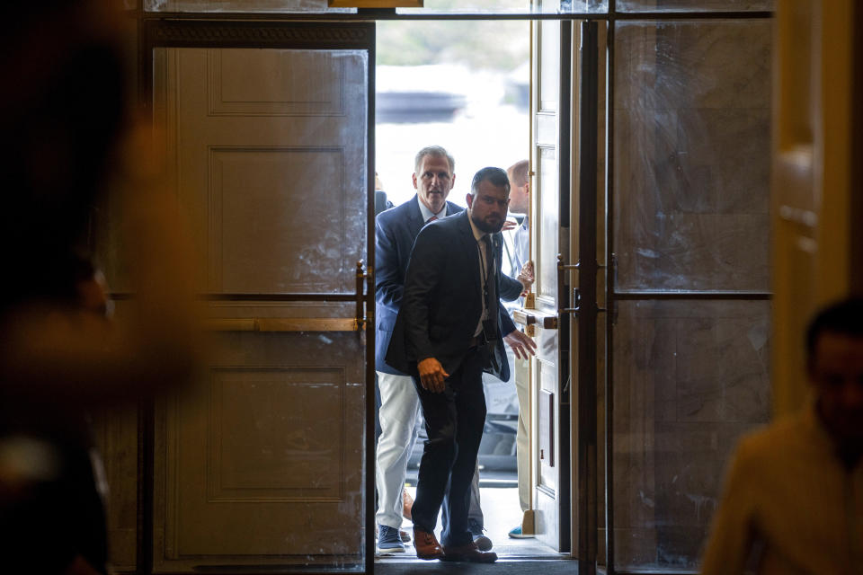 House Speaker Kevin McCarthy of Calif., arrives on Capitol Hill, Friday, Sept. 22, 2023, in Washington. (AP Photo/Mark Schiefelbein)