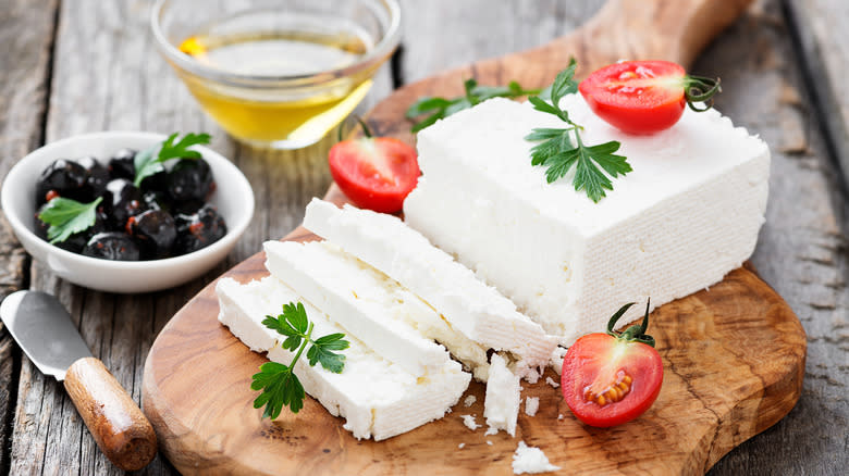 sliced feta with olive oil