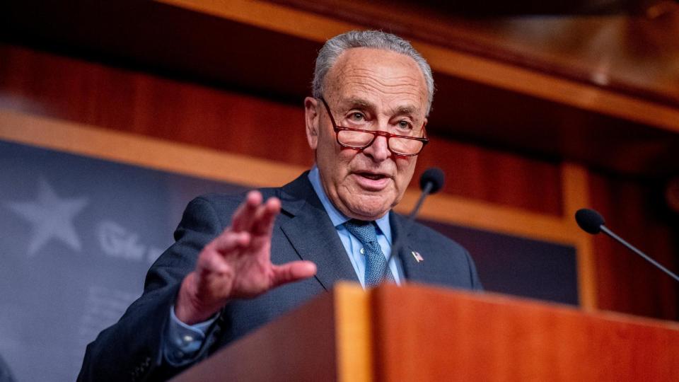 PHOTO: Senate Majority Leader Chuck Schumer (D-NY) speaks to members of the media after impeachment proceedings against Secretary of Homeland Security Alejandro Mayorkas conclude on Capitol Hill on April 17, 2024 in Washington, DC.  (Andrew Harnik/Getty Images)