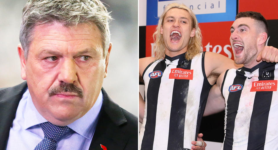 Pictured left to right, AFL commentator Brian Taylor and Collingwood players.