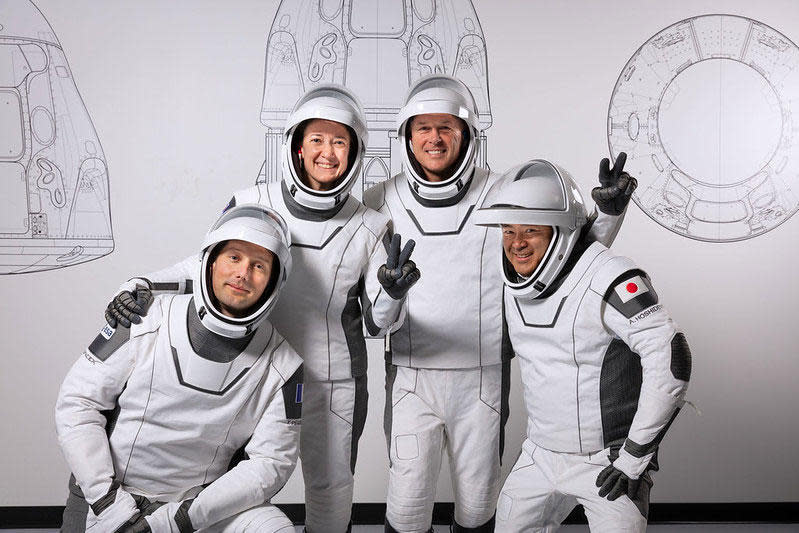 The Crew-2 astronauts (left to right): European Space Agency astronaut Thomas Pesquet, Megan McArthur, commander Shane Kimbrough and Japanese astronaut Akihiko Hoshide. / Credit: NASA/SpaceX