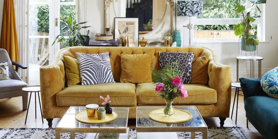 sitting room with yellow velvet sofa eclectic scheme, living room
